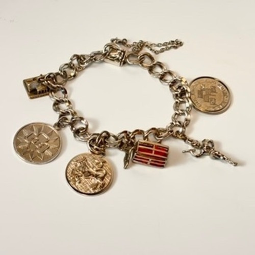 Vintage Sterling Silver Charm Bracelet Silver Travel Souvenir Coins Florida Boho - Picture 2 of 16